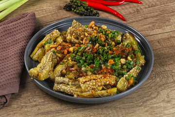 Asian cuisine baked eggplant with peanut
