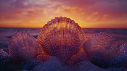 Whimsical Beach Setting at Dusk with Abstract Silhouettes of Shells by the Water