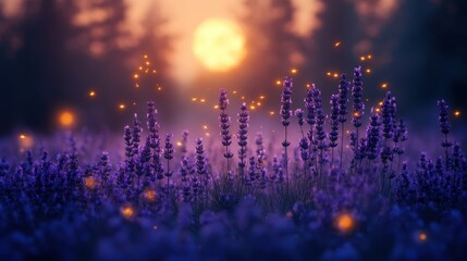 Enchanted Forest at Sunset with Towering Lavender Plants and Glowing Fireflies