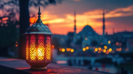 Colorful Lantern in Foreground with Stunning Sunset Background and Soft Lights