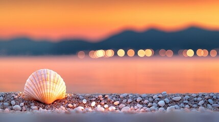 Whimsical Beach Scene at Dusk Featuring an Abstract Silhouette of a Shell