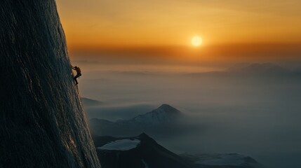 Climber Ascends Steep Mountain Under Sunset Glow in Majestic Landscape