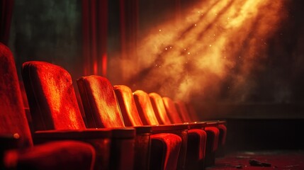 Vintage Cinema Seats Illuminated by Atmospheric Light in an Abandoned Theater