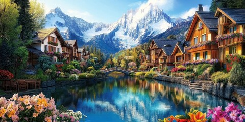 Fototapeta premium Idyllic alpine village, tranquil lake reflection, snow-capped mountains, traditional wooden chalets, colorful flowers in foreground, serene atmosphere, blue sky with wispy clouds, picturesque landscap