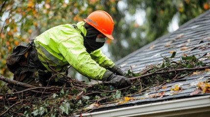 Worker Cleans Roof Debris After Severe Storm with Safety Gear