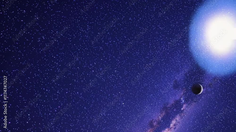 Poster starry sky with a glowing light source and a small planet in the distance.
