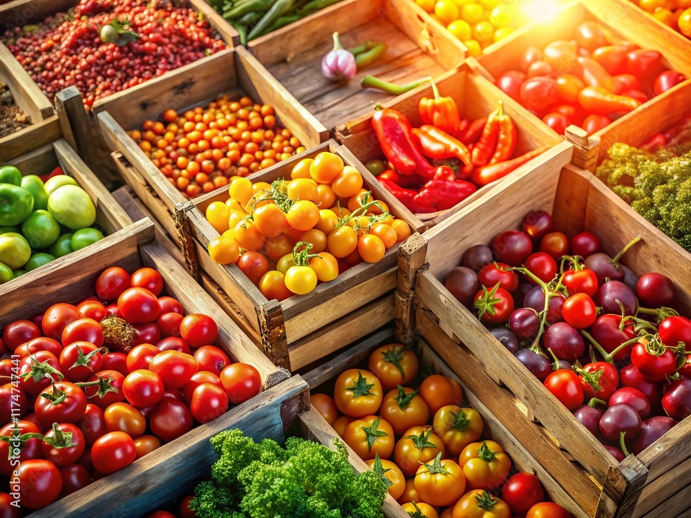 Poster aerial view of colorful fresh produce in rustic wooden crates – farm to table