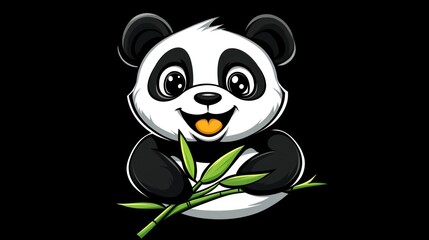 Fototapeta premium A cheerful cartoon panda holding bamboo against a black background.
