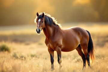 Obraz premium A wild beautiful mustang horse stands in a field, bright soft light