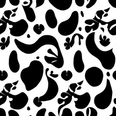 Fototapeta premium Abstract Black and White Swirls Seamless Pattern: A bold and stylish abstract seamless pattern featuring black swirls and shapes on a white background.