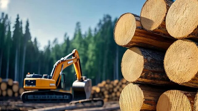 Heavy machinery operates in a forest, processing logs for wood production and industry use.