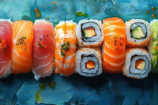Colorful sushi assortment displayed on a vibrant blue background showcasing various types of sushi rolls - Powered by Adobe
