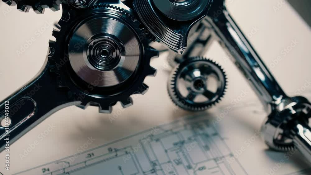 Poster detailed view of interconnected gears and mechanical components on a technical blueprint