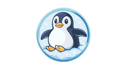 Obraz premium A cute cartoon penguin sitting on snow, designed for a playful and cheerful aesthetic.