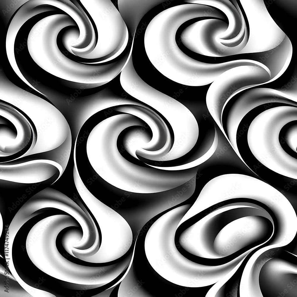Poster abstract swirls of black and white: an endlessly repeating design of swirling black and white shapes