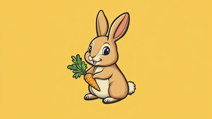 Fototapeta premium A cute cartoon rabbit holding a carrot against a bright yellow background.