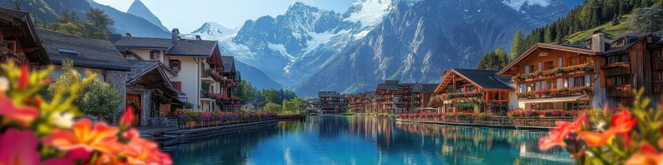 Fototapeta premium Idyllic alpine village, tranquil lake reflection, snow-capped mountains, traditional wooden chalets, colorful flowers in foreground, serene atmosphere, blue sky with wispy clouds, picturesque landscap