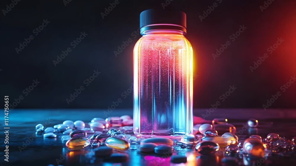 Poster mesmerizing glass bottle filled with a luminescent refractive liquid that creates a dynamic abstract
