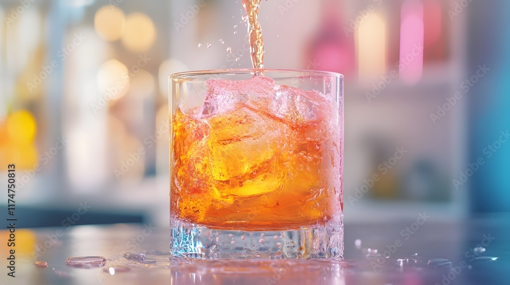 Aufkleber close up of a refreshing orange cocktail or drink with ice cubes splashing in a transparent glass ag