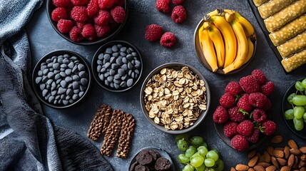 Assortment of Healthy and Delicious Plant Based Snacks including Fruits Berries Nuts Granola and Chocolate on a Rustic Dark Background  Concept of Nutritious Natural