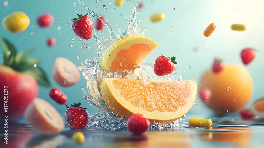 Poster vibrant fruit slices including strawberry orange and lemon exploding in a dynamic spray of refreshin