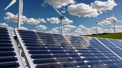 Solar panels and wind turbines in a sunny field under a blue sky with clouds