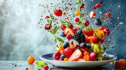 Overhead view of a ceramic plate filled with a colorful assortment of fresh ripe fruits such as strawberries blueberries blackberries raspberries and grapes  The fruits are arranged in a scattered