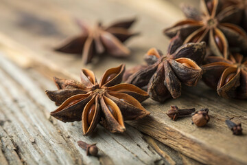 Fototapeta premium Rustic Star Anise and Cloves on Wooden Surface with Natural Lighting