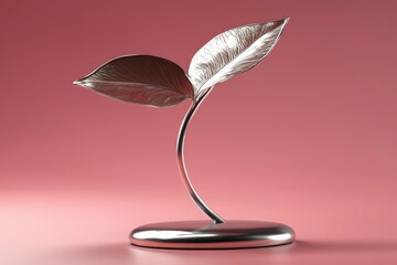 Silver Plant Sculpture on Pink Background Minimalist Art