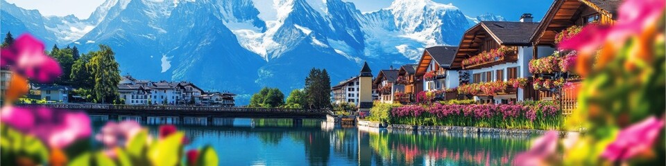 Naklejka premium Idyllic alpine village, tranquil lake reflection, snow-capped mountains, traditional wooden chalets, colorful flowers in foreground, serene atmosphere, blue sky with wispy clouds, picturesque landscap