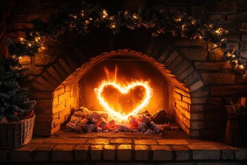 A cozy fireplace scene where the fire forms the shape of a glowing heart, with text space on the mantle Valentine&rsquo;s Day card