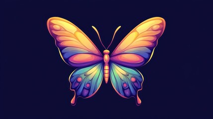 A vibrant, stylized butterfly illustration with colorful wings against a dark background.