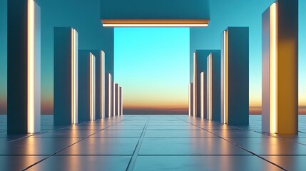 Obraz premium A glowing geometric pathway extending into a vibrant blue digital horizon