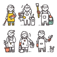 Vibrant Cartoon Icon Designs of Skilled Tradespeople in Painter s Jumpsuits