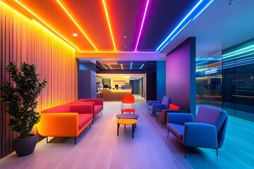 Vibrant Interior with Dynamic Colorful LED Strip Lighting and Modern Furniture Layout
