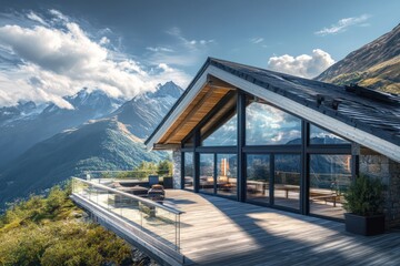 A mountain-side chalet with sloped roofs, large glass windows, and a scenic wooden deck