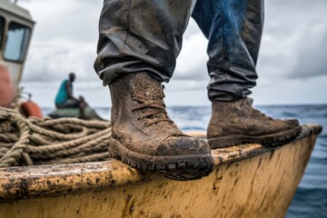 A Fisherman's Work Boots Resting on the Edge of a Fishing Boat Surrounded by Ocean Waves and Overcast Skies, Highlighting the Tough Life at Sea