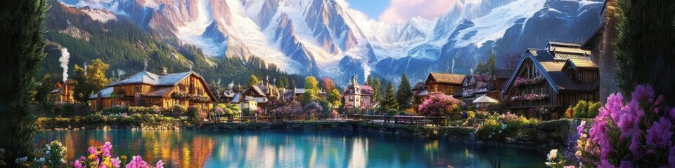 Fototapeta premium Idyllic alpine village, tranquil lake reflection, snow-capped mountains, traditional wooden chalets, colorful flowers in foreground, serene atmosphere, blue sky with wispy clouds, picturesque landscap