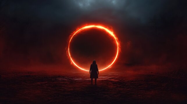 A glowing red ring of fire encircling a dark mysterious figure