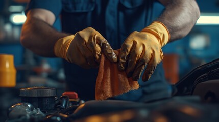 In a bustling workshop, a mechanic wipes his hands with a grease-stained cloth, showcasing his hard work and attention to detail after servicing an engine