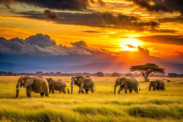 Fototapeta premium Amboseli Sunset: Elephants Walking Across the Savannah - Kenya Safari Landscape