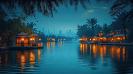 Fototapeta premium Serene evening view of a waterway with illuminated structures and a city skyline backdrop.