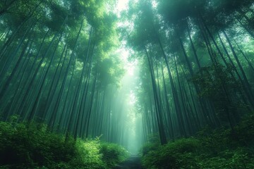 Naklejka premium Lush green bamboo forest with dappled sunlight filtering through the canopy
