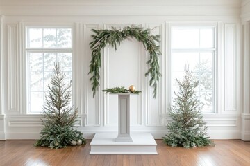Fototapeta premium Elegant Christmas Decor With Greenery And White Pedestal