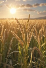 Naklejka premium Softly glowing wheat stalks stretch across a vast, sun-kissed field on a warm summer day, golden wheat fields, farmland, serenity