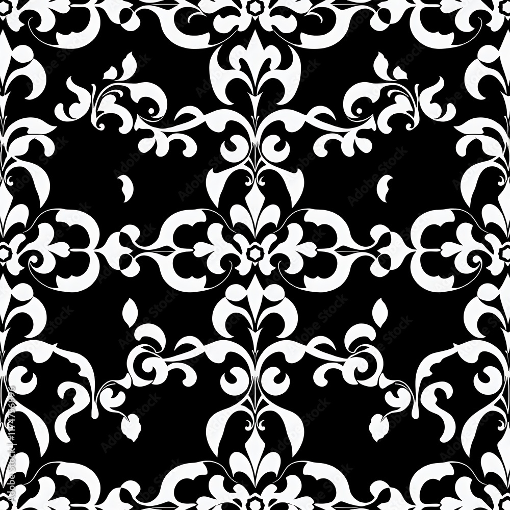Poster damask pattern: intricate white floral motifs on a black background, creating a captivating seamless