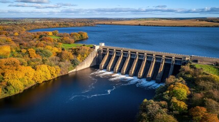 Aerial View of a Modern Dam Surrounded by Lush Autumn Foliage and Serene Blue Waters Under a Clear Sky in Rural Landscape
