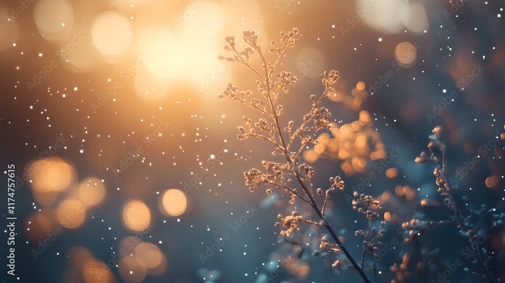 Poster serene winter landscape with snowfall glowing bokeh lights and a snowy forest scene atmospheric and 