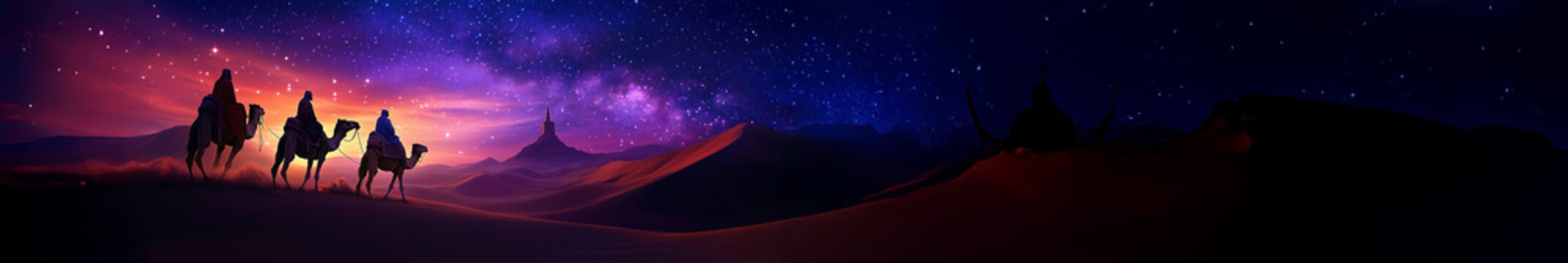 rois mages traversant le d&eacute;sert sous une nuit &eacute;toil&eacute;e, guid&eacute;s par l'&eacute;toile de Bethl&eacute;em, c&eacute;l&eacute;bration de la galette des rois et &Eacute;piphanie le 6 janvier 
