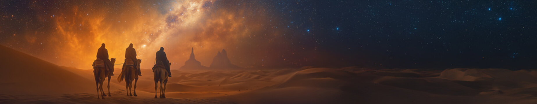 rois mages traversant le d&eacute;sert sous une nuit &eacute;toil&eacute;e, guid&eacute;s par l'&eacute;toile de Bethl&eacute;em, c&eacute;l&eacute;bration de la galette des rois et &Eacute;piphanie le 6 janvier 